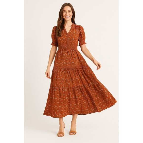 Max Studio Tiered Boho Floral Maxi Dress S Rust Orange Ruffled  Smocked Cottage - Picture 1 of 16